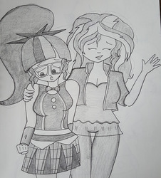 Size: 1280x1413 | Tagged: safe, artist:missmayaleanne, sci-twi, sunset shimmer, twilight sparkle, equestria girls, g4, breasts, cleavage, clothes, duo, female, hug, lesbian, monochrome, ship:sci-twishimmer, ship:sunsetsparkle, shipping, skirt, traditional art