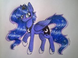 Size: 1024x758 | Tagged: safe, artist:dexterisse, princess luna, g4, blushing, ear fluff, female, raised hoof, simple background, solo, traditional art