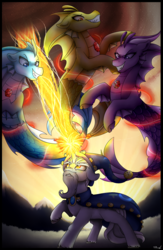 Size: 1300x2000 | Tagged: safe, artist:cloud-drawings, adagio dazzle, aria blaze, sonata dusk, star swirl the bearded, siren, g4, banishment, fight, grin, magic, reflections star swirl, smiling, the dazzlings, unshorn fetlocks