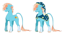 Size: 1812x978 | Tagged: safe, artist:pikokko, oc, oc only, oc:sleepwalker, classical unicorn, cape, clothes, cloven hooves, coat markings, drool, hat, horn, leonine tail, messy mane, nightcap, offspring, parent:sunburst, parent:trixie, parents:trixburst, socks (coat markings), solo