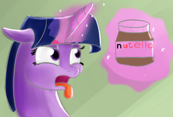 Size: 1280x864 | Tagged: safe, artist:itsthinking, twilight sparkle, g4, bust, disgusted, female, floppy ears, food, frown, glowing horn, horn, levitation, lidded eyes, magic, nutella, open mouth, portrait, solo, telekinesis, tongue out, wat