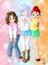 Size: 2600x3542 | Tagged: safe, artist:shinta-girl, artist:the-black-terror, oc, oc only, oc:frozen rose, oc:shinta pony, oc:taekwon magic, human, clothes, collaboration, converse, female, high res, humanized, humanized oc, shoes, skirt, sneakers, socks, thigh highs