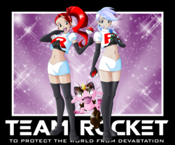 Size: 3543x2953 | Tagged: safe, artist:the-black-terror, oc, oc only, oc:frozen rose, oc:shinta pony, oc:taekwon magic, human, barely pony related, boots, clothes, high res, humanized, humanized oc, pokémon, shoes, socks, team rocket, thigh boots, thigh highs