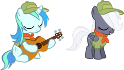 Size: 14801x8349 | Tagged: safe, artist:cyanlightning, oc, oc only, oc:aureai gray, oc:cyan lightning, g4, .svg available, absurd resolution, clothes, colt, female, filly, guitar, hat, male, simple background, transparent background, vector