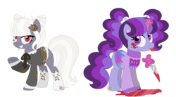 Size: 834x462 | Tagged: safe, artist:strawberry-spritz, earth pony, pony, unicorn, base used, blood, clothes, glowing horn, horn, knife, magic, pastel goth, simple background, tongue out, transparent background, yandere