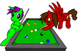 Size: 753x496 | Tagged: safe, artist:toyminator900, oc, oc only, oc:chip, oc:clever clop, pegasus, pony, unicorn, billiards, bipedal, duo, simple background, transparent background