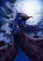Size: 850x1200 | Tagged: dead source, safe, artist:aoi takayuki, princess luna, spirit of hearth's warming yet to come, alicorn, pony, g4, bipedal, cloak, clothes, cloud, damask pattern, ethereal mane, ethereal tail, female, horn, moon, my god its full of stars, pixiv, princess of the night, solo, spread wings, tail, wind, wings