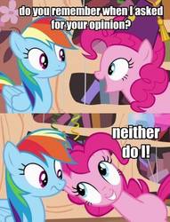 Size: 450x588 | Tagged: safe, edit, edited screencap, screencap, pinkie pie, rainbow dash, g4, balloon, book, bookshelf, comic, dialogue, eye contact, fez, frown, golden oaks library, hat, image macro, looking at each other, meme