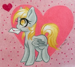 Size: 3319x2979 | Tagged: safe, artist:emberslament, derpy hooves, g4, blushing, female, filly, filly derpy, heart, high res, letter, love letter, mouth hold, solo, traditional art