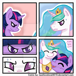 Size: 400x400 | Tagged: safe, artist:ijustloveit619, princess celestia, twilight sparkle, g4, blushing, bust, comic, cute, dialogue, eye contact, eyes closed, looking at each other, looking at you, portrait, smiling, staring contest, sweat, watermark