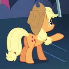 Size: 244x243 | Tagged: safe, screencap, applejack, earth pony, pony, g4, the mane attraction, butt, cropped, female, freckles, mare, plot, raised hoof, solo