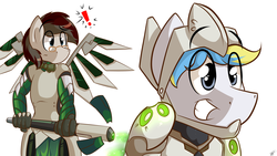 Size: 7168x4032 | Tagged: safe, artist:fleet-wing, oc, oc only, oc:cirrus sky, oc:feather duster, hippogriff, anthro, absurd resolution, artificial wings, augmented, bowtie, clothes, cosplay, costume, duo, exclamation point, genji (overwatch), glasses, healing, mechanical wing, mercy, overwatch, smiling, staff, video game, wings