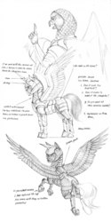 Size: 1100x2208 | Tagged: safe, artist:baron engel, oc, oc only, griffon, pegasus, pony, armor, grayscale, monochrome, pencil drawing, simple background, sketch, traditional art, white background