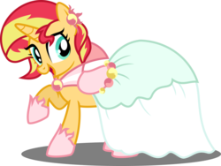 Size: 5000x3767 | Tagged: safe, artist:orin331, sunset shimmer, pony, unicorn, g4, absurd resolution, clothes, clothes swap, cute, dress, female, gala dress, happy, mare, open mouth, raised hoof, shimmerbetes, simple background, smiling, solo, transparent background