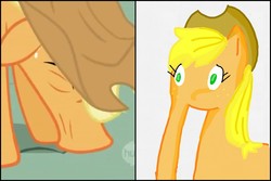 Size: 5184x3456 | Tagged: safe, screencap, applejack, pony, applebuck season, g4, 1000 hours in ms paint, body horror, eldritch abomination, female, mare, ms paint, nightmare fuel, not salmon, silly, silly pony, solo, squishy, wat, who's a silly pony, why the long face, wtf