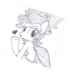 Size: 1740x1756 | Tagged: safe, artist:lordmiedo, applejack, earth pony, pony, g4, simple ways, applejack is best facemaker, applejewel, blowing a kiss, clothes, dress, female, grayscale, heart, monochrome, pencil drawing, solo, traditional art