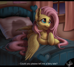 Size: 1000x900 | Tagged: safe, artist:aliscik, fluttershy, g4, bed, chromatic aberration, crossed hooves, cute, ear fluff, female, lying down, prone, shyabetes, solo, subtitles