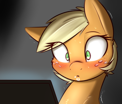 Size: 2100x1800 | Tagged: safe, artist:captainpudgemuffin, applejack, pony, g4, alternate hairstyle, blushing, breath, bust, female, freckles, mare, panting, pixie cut, portrait, reaction image, shivering, short hair, solo, sweat, wide eyes