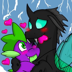 Size: 2048x2048 | Tagged: safe, artist:artmama113, spike, thorax, changeling, dragon, g4, blushing, cute, gay, heart, high res, hug, male, ship:thoraxspike, shipping, smiling, spikabetes, spikelove, thorabetes