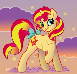 Size: 811x781 | Tagged: safe, artist:kiguren, sunset shimmer, pony, unicorn, g4, bow, cute, female, mare, open mouth, raised hoof, shimmerbetes, solo, tail bow