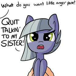 Size: 1080x1080 | Tagged: safe, artist:tjpones, part of a set, limestone pie, earth pony, pony, g4, angry, cute, frown, glare, holding a pony, looking at you, offscreen character, open mouth, part of a series, pov, simple background, what do you want, white background
