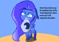 Size: 2100x1500 | Tagged: safe, artist:purpleblackkiwi, princess luna, g4, blue background, cheek fluff, colored pupils, cute, dialogue, ear fluff, female, filly, floppy ears, lidded eyes, lunabetes, mouth hold, pillow, shadow, simple background, solo, tired, woona, younger
