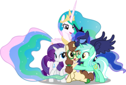 Size: 5018x3380 | Tagged: safe, artist:zacatron94, lyra heartstrings, princess celestia, princess luna, rarity, oc, oc:madmax, pony, unicorn, g4, absurd resolution, glasses, group hug, hug, simple background, transparent background, tribute