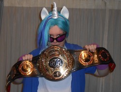 Size: 2520x1908 | Tagged: safe, artist:kirbygb6, dj pon-3, vinyl scratch, human, g4, championship belt, clothes, cosplay, costume, irl, irl human, photo, pony club, pro wrestling, solo