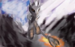 Size: 1280x800 | Tagged: safe, artist:rostimen, pony, brush, digital art, helmet, lord of the rings, morgoth, mountain, painting, ponified, sky, solo, the hobbit, the silmarillion, traditional art, watercolor painting, weapon
