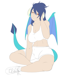 Size: 2701x3000 | Tagged: safe, artist:skyearts, princess ember, human, g4, breasts, busty princess ember, female, high res, horn, horned humanization, humanized, looking at you, simple background, smiling, solo, tailed humanization, white background, winged humanization, workout outfit