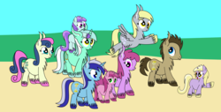 Size: 7577x3847 | Tagged: safe, artist:dinkyuniverse, berry punch, berryshine, bon bon, derpy hooves, dinky hooves, doctor whooves, liza doolots, lyra heartstrings, minuette, petunia, ruby pinch, sweetie drops, time turner, tootsie flute, pegasus, pony, g4, chest fluff, ear fluff, family, female, lyrabontoots family, mare, unshorn fetlocks