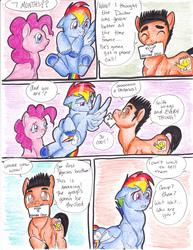 Size: 2552x3300 | Tagged: safe, artist:tristanjsolarez, pinkie pie, rainbow dash, oc, earth pony, pegasus, pony, comic:trans ponies, g4, comic, female, male, mare, rainbow blitz, rule 63, simple background, stallion, traditional art, transgender