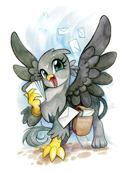 Size: 600x826 | Tagged: safe, artist:miszasta, gabby, griffon, g4, the fault in our cutie marks, cute, female, gabbybetes, letter, looking at you, mail, mailbag, solo