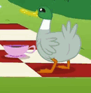 Size: 130x133 | Tagged: safe, screencap, fluttershy, duck, mallard, pegasus, pony, g4, no second prances, animated, butt, carrot, cropped, cup, food, gif, gif for breezies, male, mouth hold, op, picture for breezies, solo focus, teacup