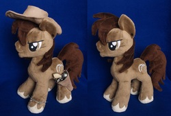 Size: 3288x2222 | Tagged: safe, artist:adamar44, oc, oc only, earth pony, pony, colored hooves, cowboy, cowboy hat, cutie mark, gun, handgun, hat, high res, hooves, irl, male, photo, plushie, revolver, solo, stallion, weapon