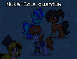 Size: 529x405 | Tagged: safe, oc, oc only, oc:littlepip, oc:s.cola, pony, unicorn, fallout equestria, pony town, clothes, fanfic, female, hooves, horn, jumpsuit, mare, nuka cola quantum, saddle bag, screenshots, text, vault suit
