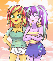 Size: 3048x3472 | Tagged: safe, artist:sumin6301, starlight glimmer, sunset shimmer, equestria girls, g4, alternate hairstyle, breasts, busty starlight glimmer, busty sunset shimmer, cleavage, clothes, duo, equestria girls-ified, female, high res, one eye closed, shorts, tongue out, wink