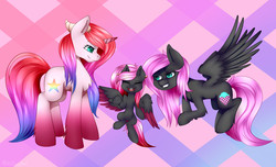 Size: 2300x1400 | Tagged: safe, artist:itsizzybel, oc, oc only, oc:cream cloud, pegasus, pony, unicorn, eyes closed, female, filly, flying, happy, horn, magical lesbian spawn, offspring, pegasus oc, smiling, trio, unicorn oc, wings