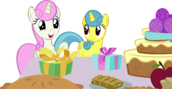 Size: 15626x8118 | Tagged: safe, artist:cyanlightning, lemon hearts, twinkleshine, pony, unicorn, amending fences, g4, .svg available, absurd resolution, cake, food, present, simple background, table, transparent background, vector