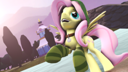 Size: 3840x2160 | Tagged: safe, artist:iflysna94, fluttershy, g4, 3d, butterscotch, clothes, collar, hat, high res, ponyville, rule 63, socks, solo, source filmmaker, striped socks