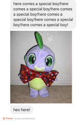 Size: 488x760 | Tagged: safe, edit, spike, g4, bowtie, build-a-bear, cute, here comes a special boy, image macro, irl, meme, photo, plushie, solo, spikabetes, spike plushie