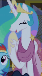 Size: 242x442 | Tagged: safe, screencap, princess celestia, rainbow dash, twilight sparkle, alicorn, pegasus, pony, g4, make new friends but keep discord, amused, animated, beautiful, clothes, cropped, crown, cute, cutelestia, dress, ethereal mane, eyes closed, female, flowing mane, gala dress, gif, giggling, grin, hoof shoes, jewelry, laughing, mare, multicolored mane, noblewoman's laugh, open mouth, raised hoof, regalia, smiling, solo focus, twilight sparkle (alicorn)