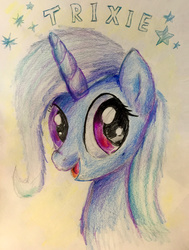 Size: 1000x1320 | Tagged: safe, artist:xbi, trixie, pony, unicorn, g4, bust, cute, diatrixes, female, fluffy, looking at you, pencil drawing, portrait, smiling, solo, sparkles, traditional art