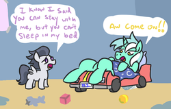 Size: 872x555 | Tagged: safe, artist:jargon scott, lyra heartstrings, rumble, pegasus, pony, unicorn, g4, ball, bed, blank flank, blanket, block, colt, dialogue, female, foal, horn, l.u.l.s., lying down, magazine, male, mare, on back, open mouth, poster, race car bed, speech bubble, spread wings, talking
