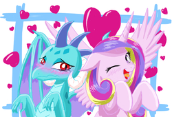 Size: 1045x710 | Tagged: safe, artist:phoenixperegrine, princess cadance, princess ember, g4, blushing, bust, cute, cutedance, duo, emberbetes, friendshipping, heart, one eye closed, open mouth, smiling, spread wings, tongue out, wings, wink