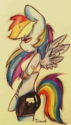 Size: 318x557 | Tagged: safe, artist:tamyarts, rainbow dash, anthro, g4, arm hooves, clothes, female, solo, traditional art