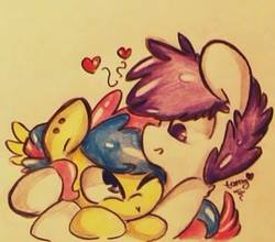 Size: 392x345 | Tagged: safe, artist:tamyarts, oc, oc only, earth pony, pegasus, pony, cuddling, heart, snuggling, traditional art