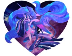 Size: 2000x1571 | Tagged: safe, artist:jazzybrony, princess luna, twilight sparkle, alicorn, pony, g4, color porn, colored wings, colored wingtips, eyes closed, female, heart, hug, lesbian, ship:twiluna, shipping, simple background, space, transparent background, twilight sparkle (alicorn), unshorn fetlocks