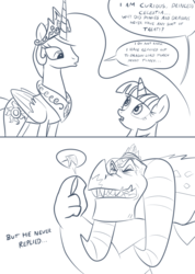 Size: 1024x1439 | Tagged: safe, artist:queencold, dragon lord torch, princess celestia, twilight sparkle, alicorn, dragon, pony, g4, comic, dialogue, letter, looking at each other, monochrome, open mouth, size problem, sketch, squint, twilight sparkle (alicorn)