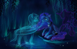 Size: 2100x1348 | Tagged: safe, artist:stasushka, princess luna, tantabus, oc, alicorn, bat pony, ghost, ghost pony, pony, g4, broken horn, chin stroke, colored pupils, commission, crying, eye contact, forgiveness, horn, lake, looking at each other, outdoors, pond, sad, scenery, sitting, spirit, teary eyes, underhoof, water, wings